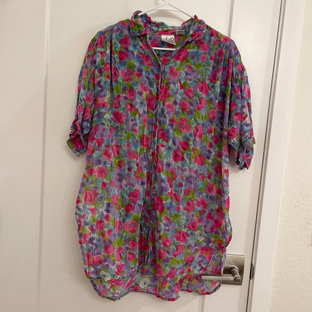Vintage Gauzy Floral Button Down Womens Blouse GrandmaCore Fairycore 80s